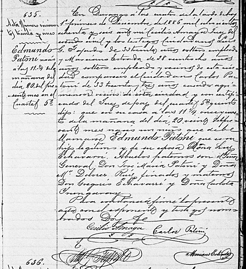 Civil Birth Record of Edmundo Patoni in 1886